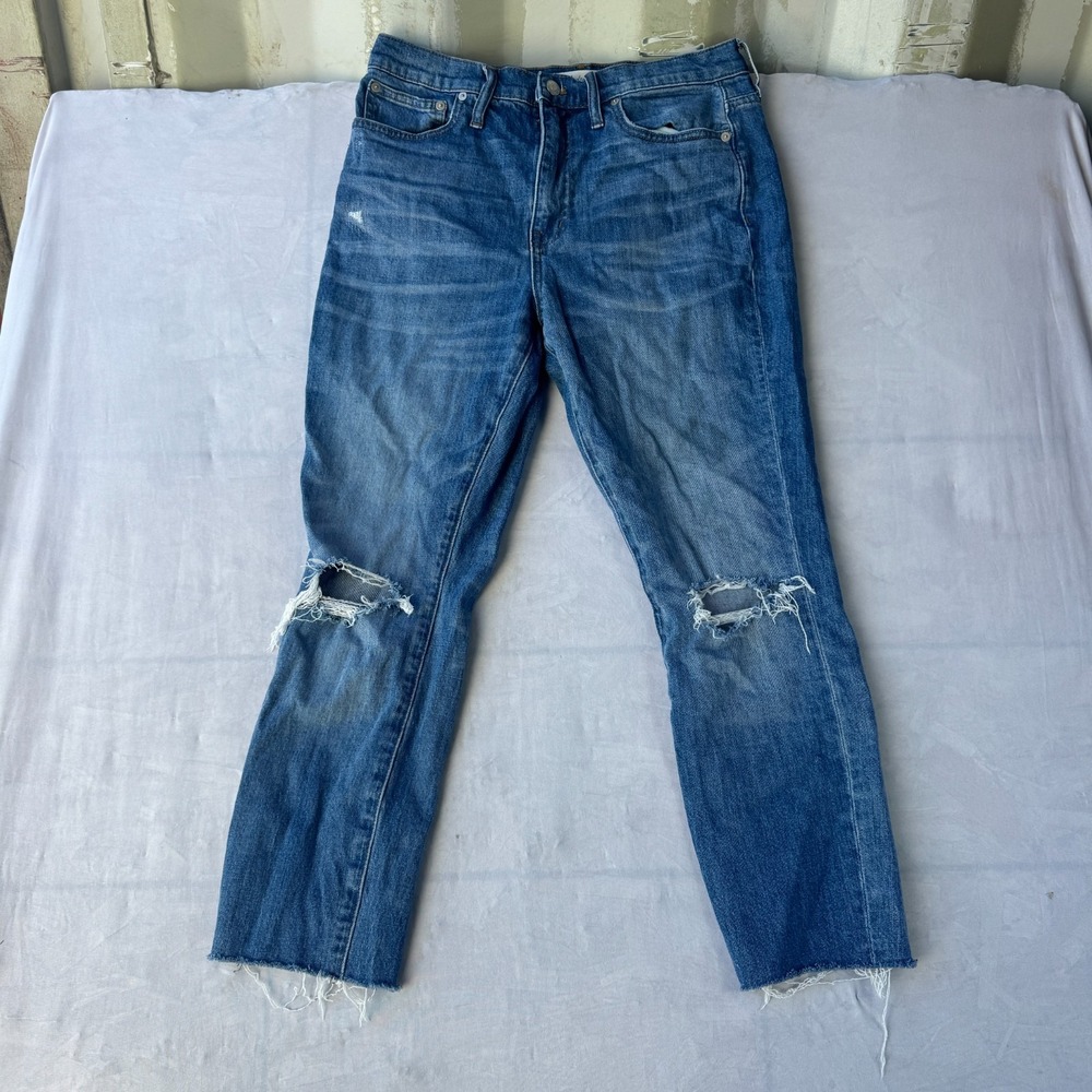 Madewell The High-Rise Slim Boyjean Straight Leg Jeans Womens 28 Blue Distressed
